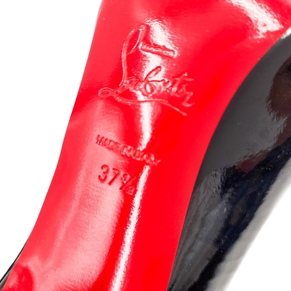 Christian Louboutin Black Patent Leather Bow Open Toe Booties Heels EU 37.5 - Picture 7 of 8